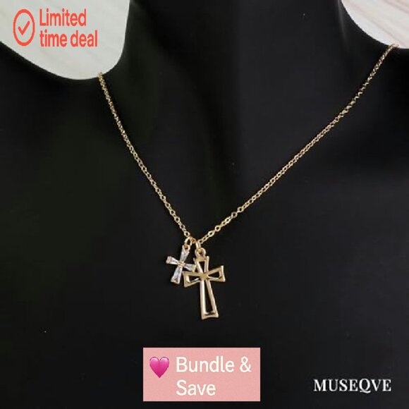 Double Cross Pendant Necklace 14K Gold Plated Dainty CZ Diamond Choker - Picture 3 of 6